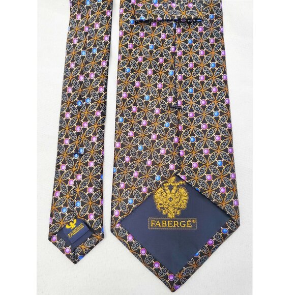Faberge Mens Silk Neck Tie Blue and Purple Pearls with Black Filigree Print USA - Picture 4 of 8